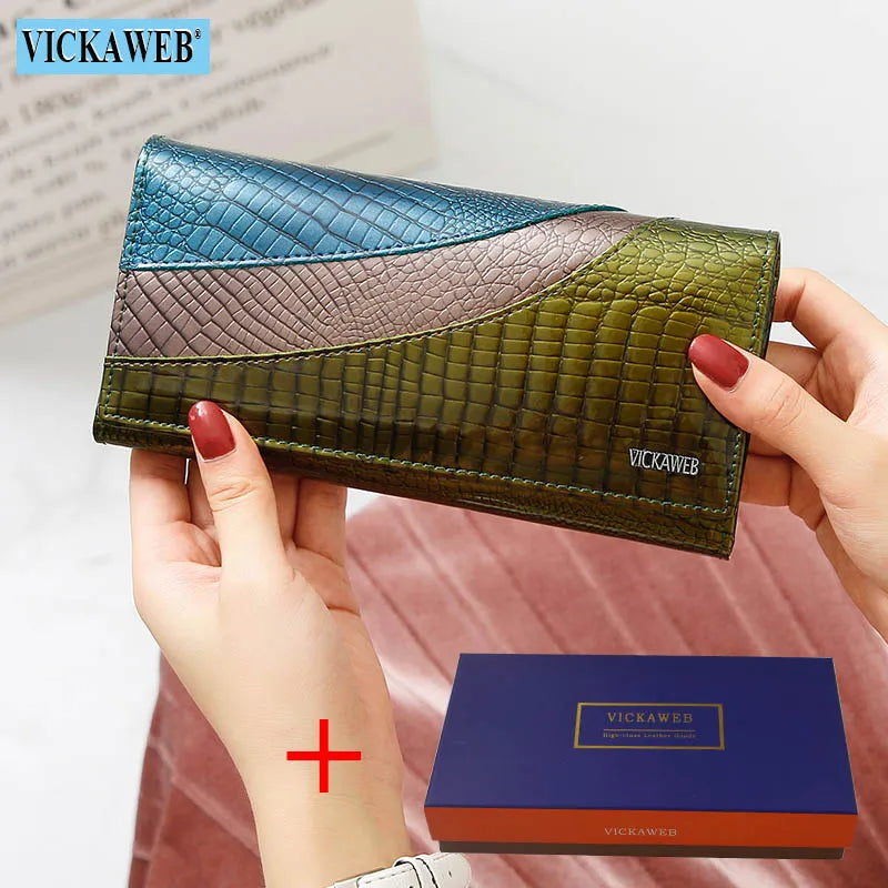 Cartera Larga de Cuero Vacuno con Textura Cocodrilo