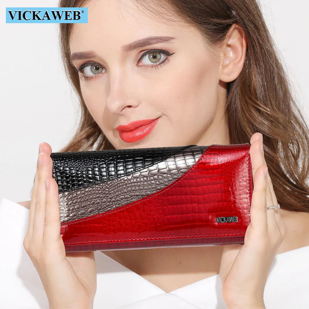 Cartera Larga de Cuero Vacuno con Textura Cocodrilo