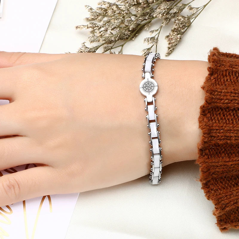 Pulsera de Cerámica y Acero Inoxidable con Diseño de Brújula