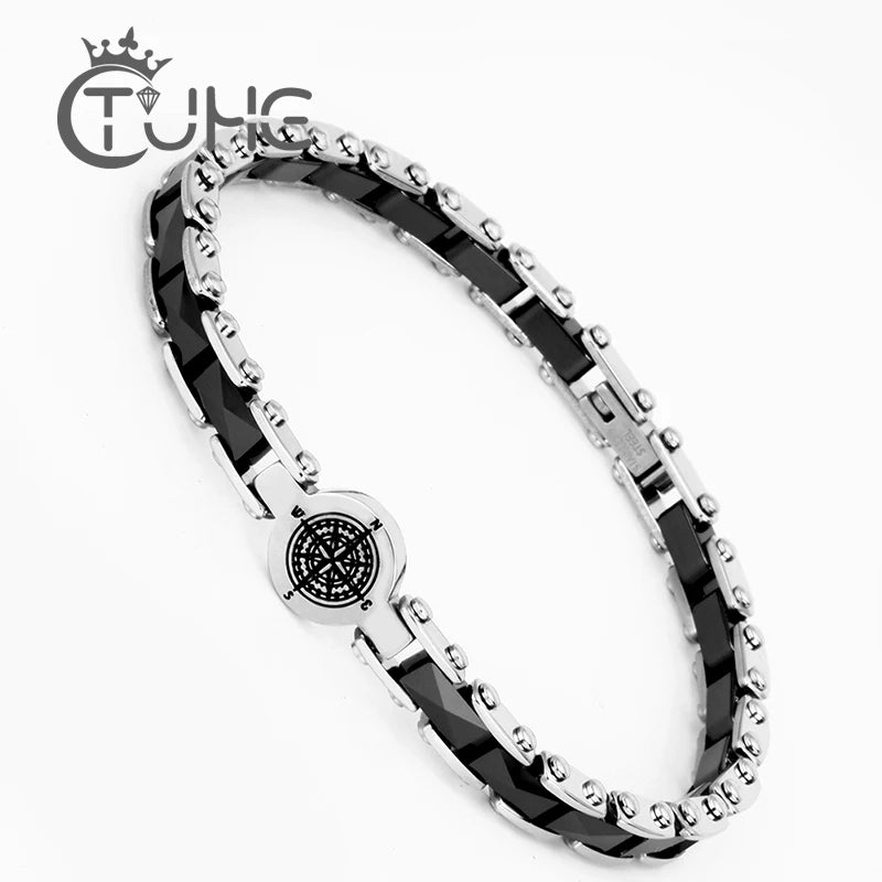 Pulsera de Cerámica y Acero Inoxidable con Diseño de Brújula