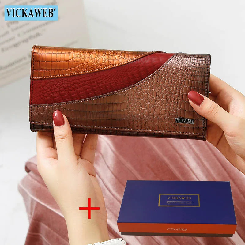 Cartera Larga de Cuero Vacuno con Textura Cocodrilo