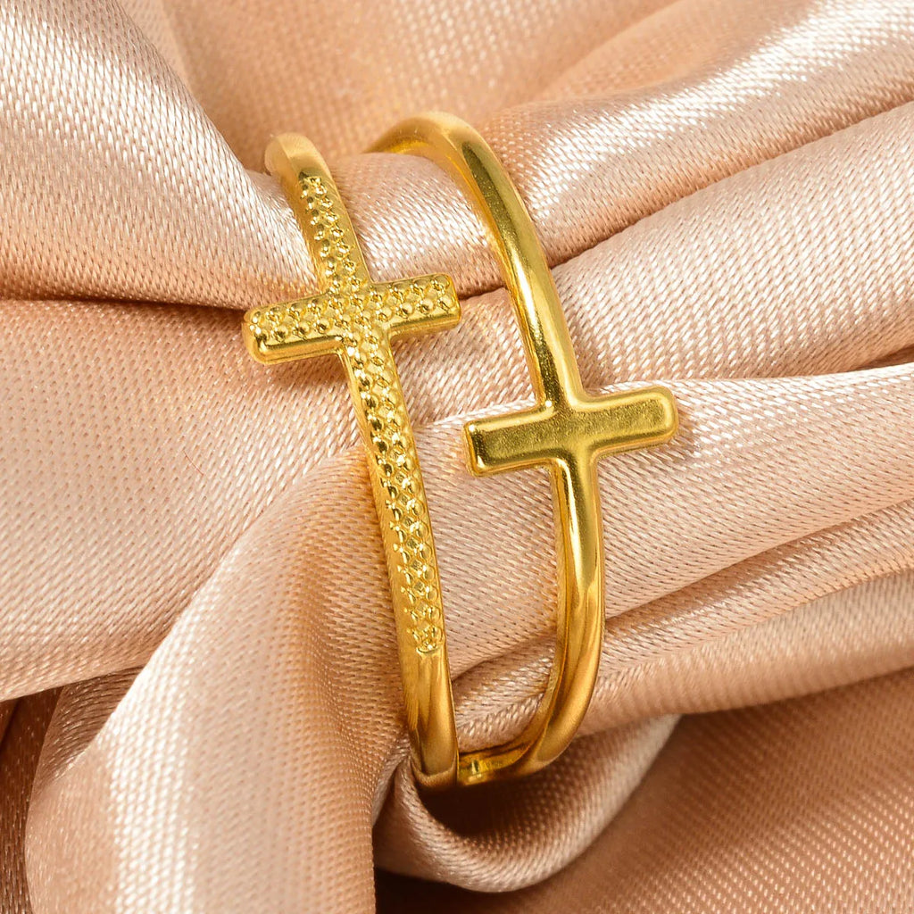Anillo de Cruz de Acero Inoxidable Chapado en Oro 18K