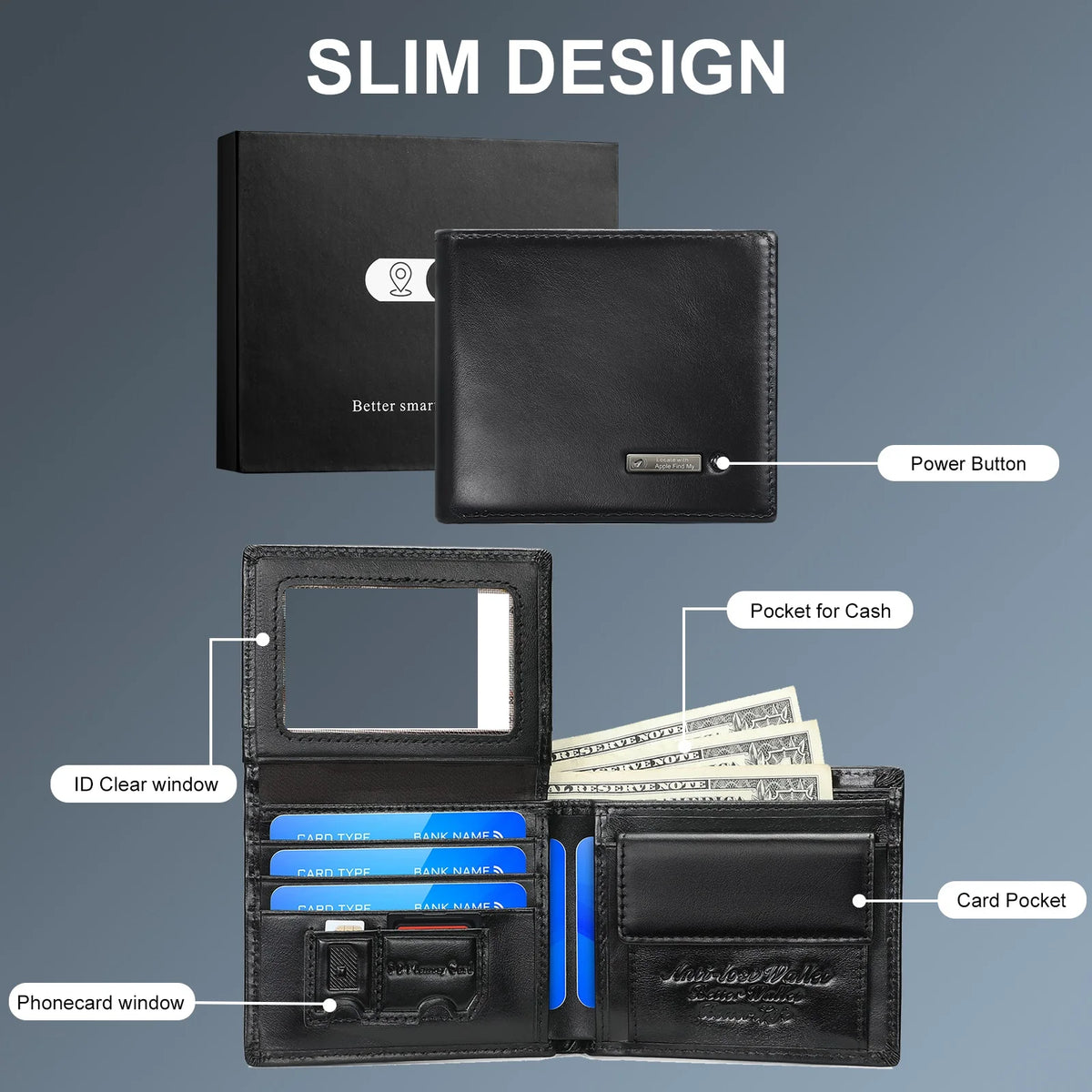 Cartera Inteligente de Cuero Vacuno con Rastreo Bluetooth