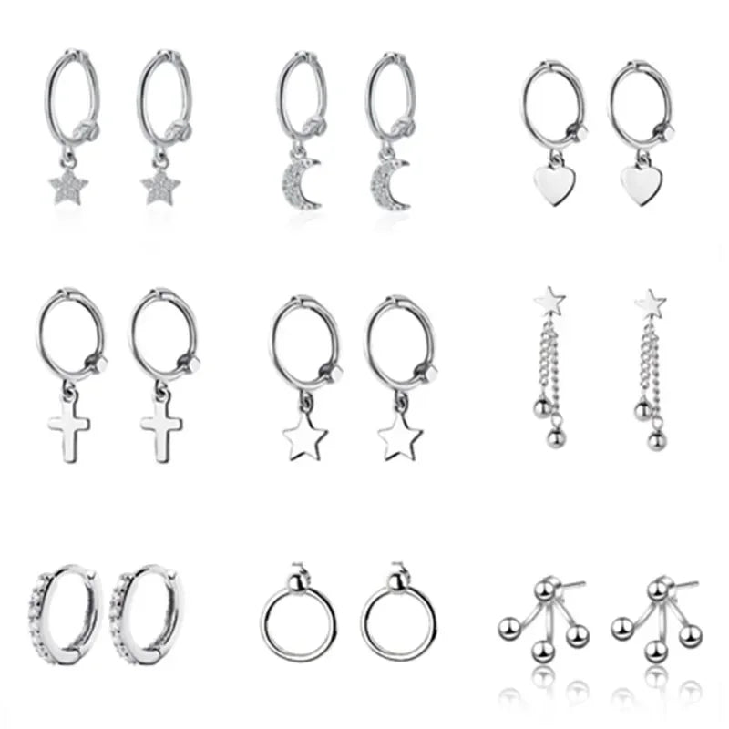 Aretes Colgantes de Plata 925 con Diseños de Estrella, Luna y Corazón