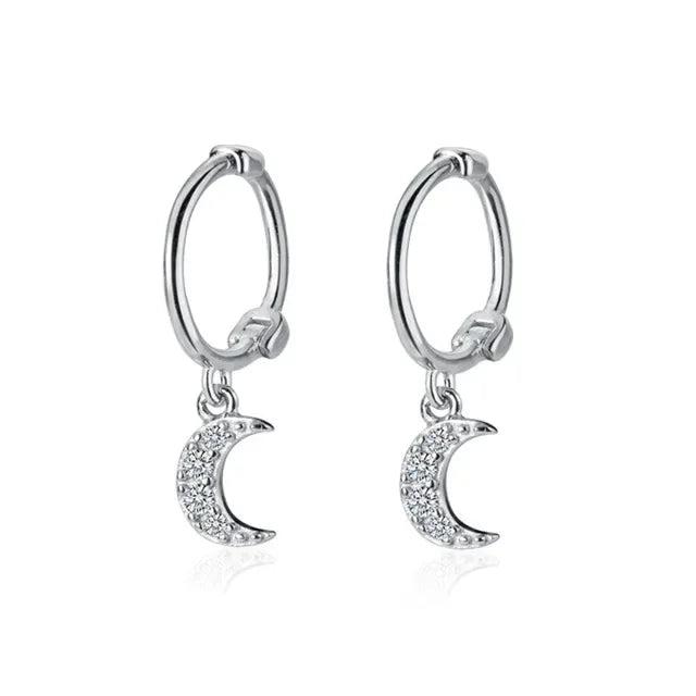 Aretes Colgantes de Plata 925 con Diseños de Estrella, Luna y Corazón