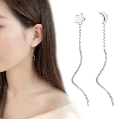 Aretes Colgantes de Plata 925 con Diseños de Estrella, Luna y Corazón