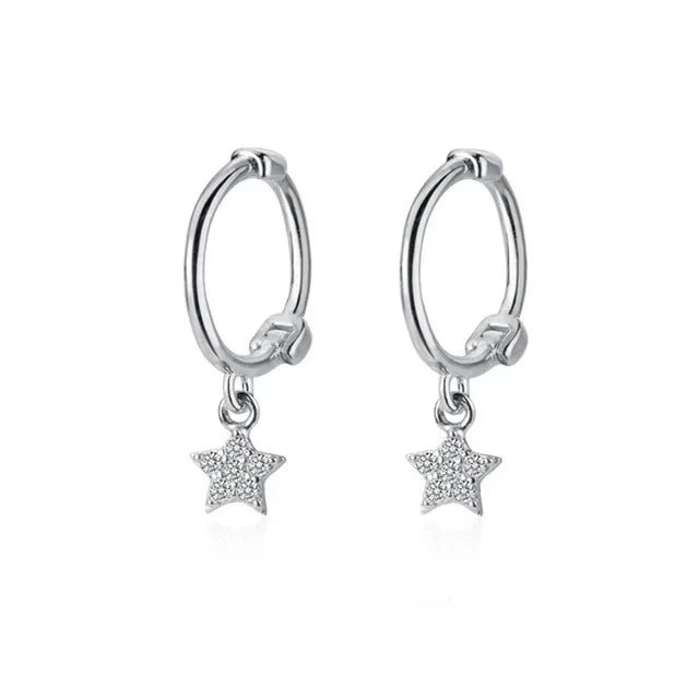 Aretes Colgantes de Plata 925 con Diseños de Estrella, Luna y Corazón