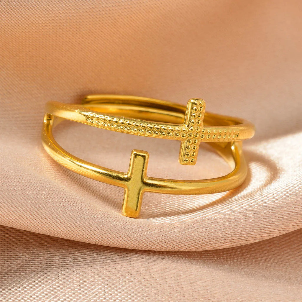 Anillo de Cruz de Acero Inoxidable Chapado en Oro 18K