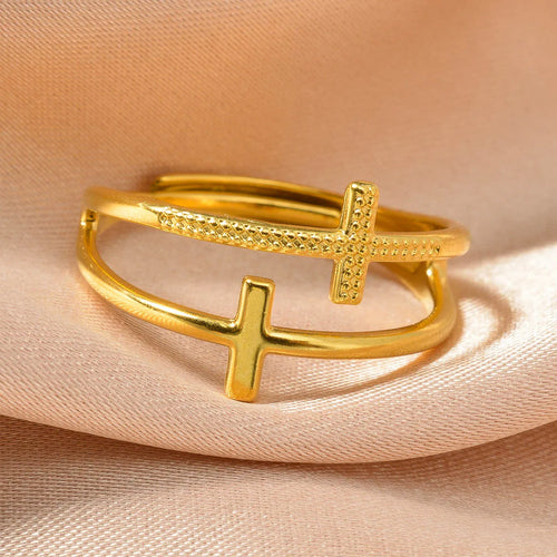Anillo de Cruz de Acero Inoxidable Chapado en Oro 18K