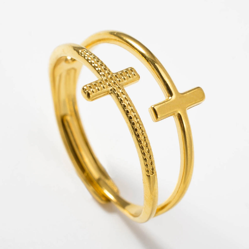 Anillo de Cruz de Acero Inoxidable Chapado en Oro 18K