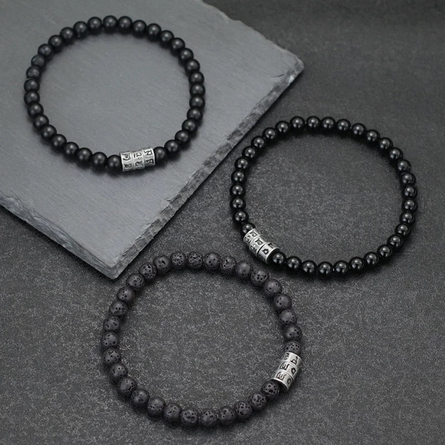 Pulsera Vikinga de Ónix Negro con Grabado Sánscrito