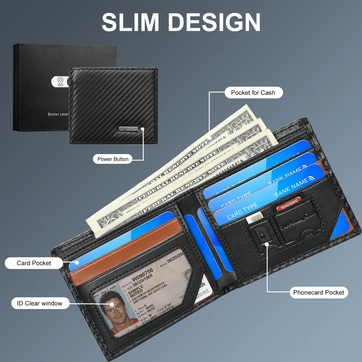 Cartera Inteligente de Cuero Vacuno con Rastreo Bluetooth