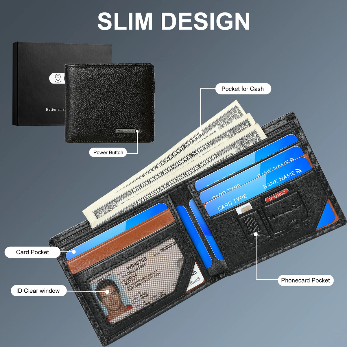 Cartera Inteligente de Cuero Vacuno con Rastreo Bluetooth