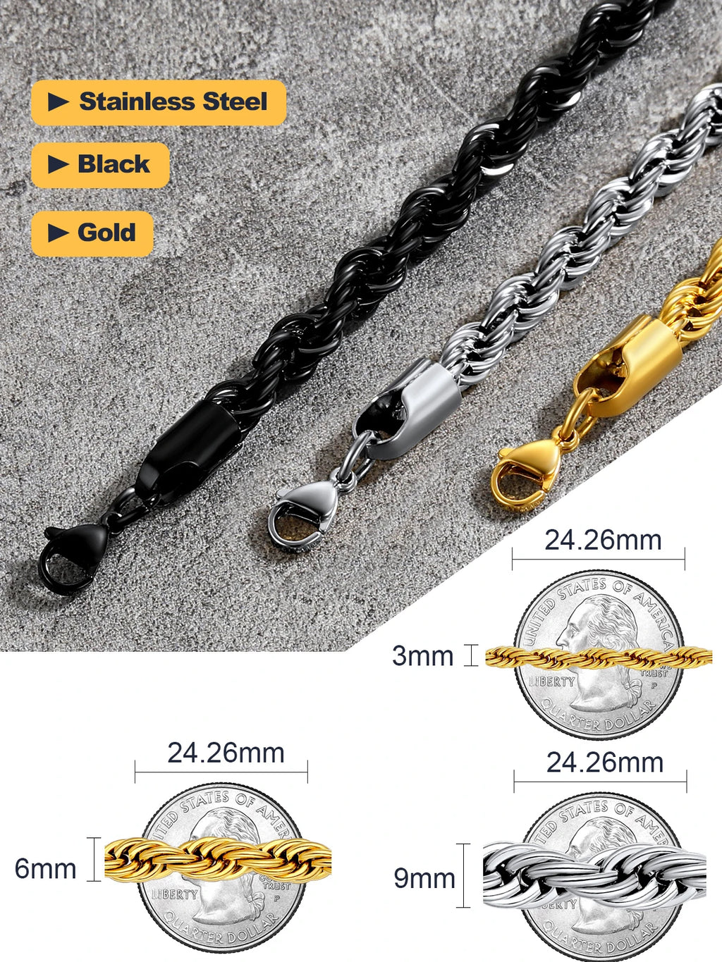 Collar de Cadena Trenzada de Acero Inoxidable 316L