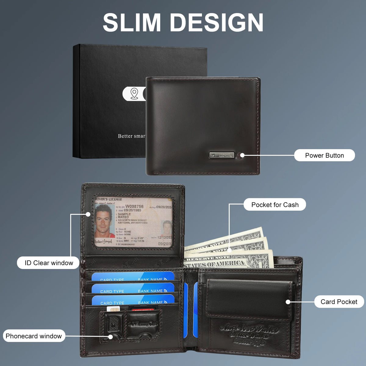 Cartera Inteligente de Cuero Vacuno con Rastreo Bluetooth