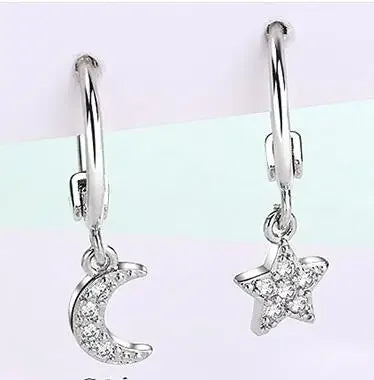 Aretes Colgantes de Plata 925 con Diseños de Estrella, Luna y Corazón
