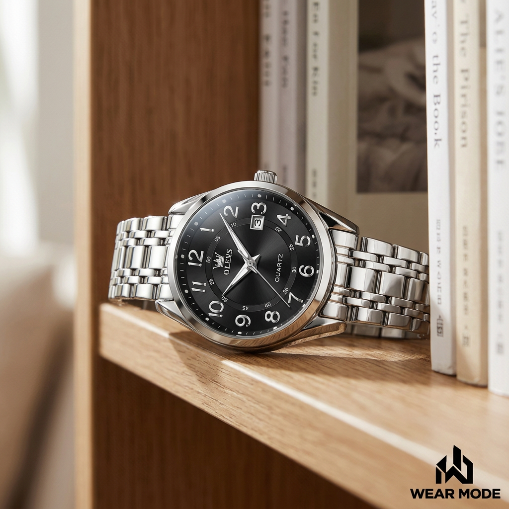 OLEVS 3666 plateado negro junto a libros
