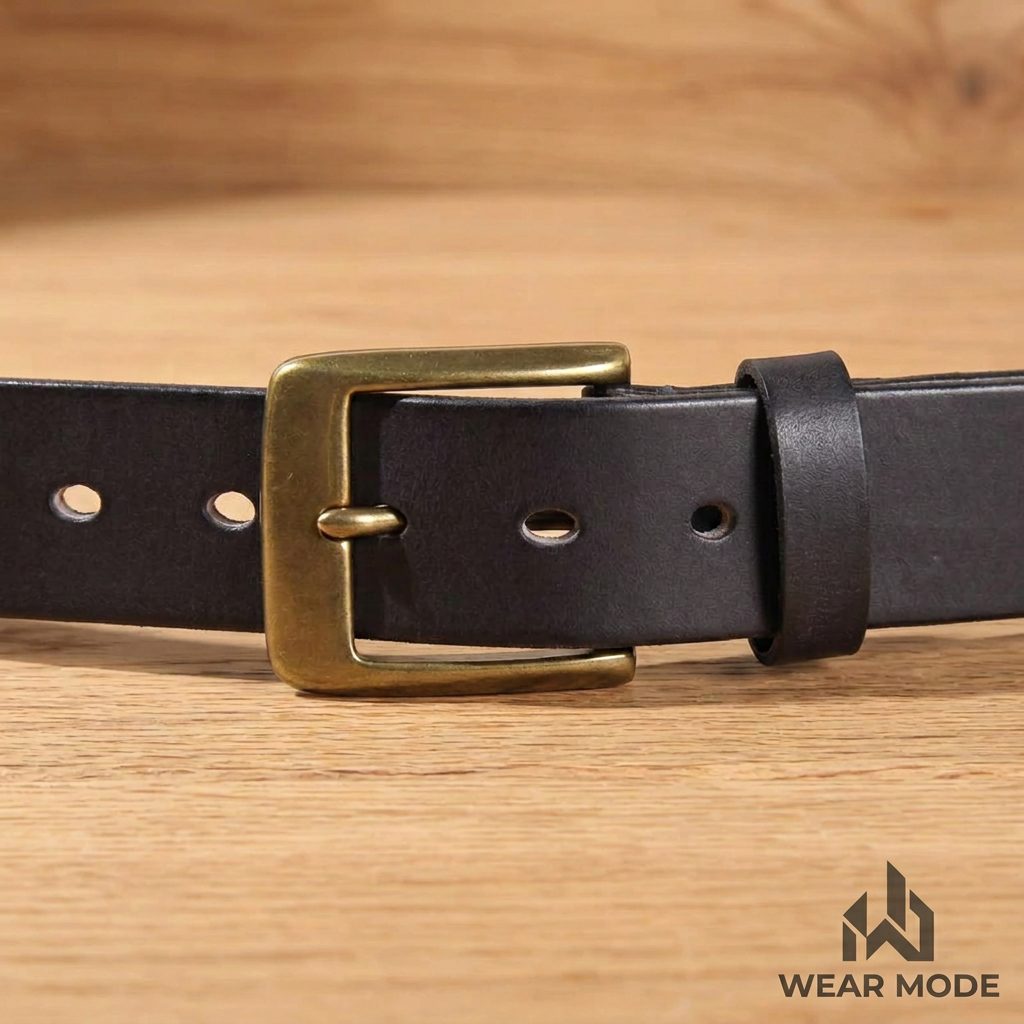 Detalle de cuero negro y hebilla de latón con marca de agua Wear Mode