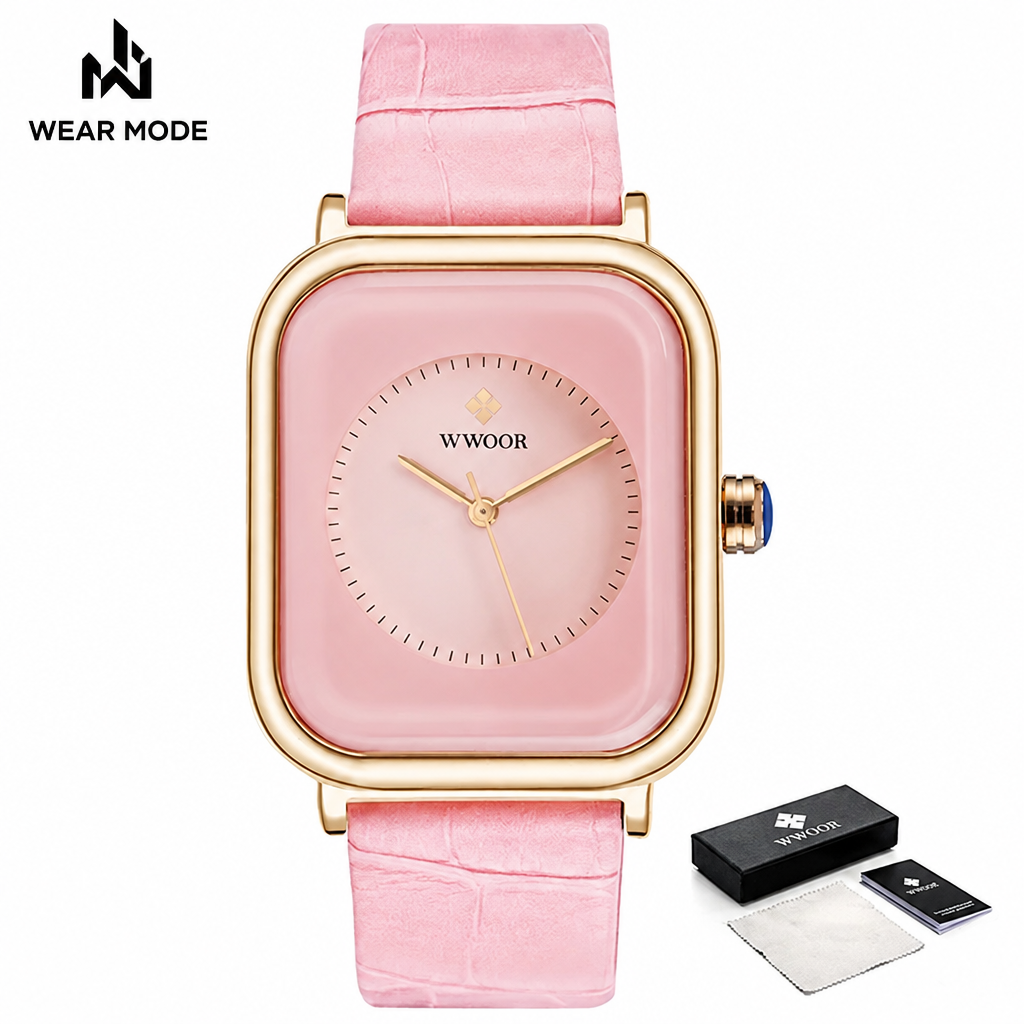 Reloj WWOOR rosa con caja y logo Wear Mode