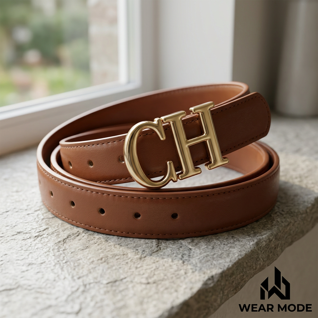 Cinturón café con hebilla decorativa y firma Wear Mode