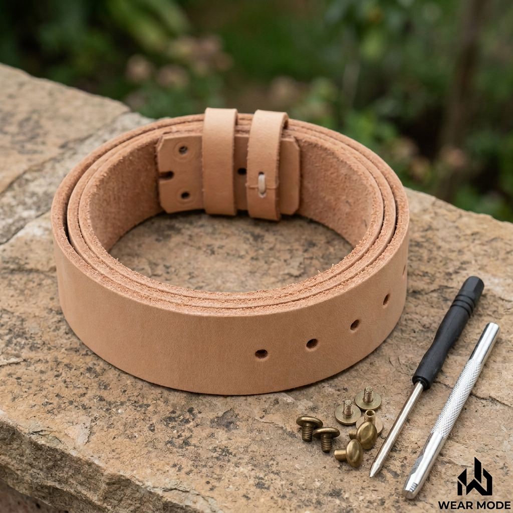 Cinturón natural sin hebilla con accesorios en patio