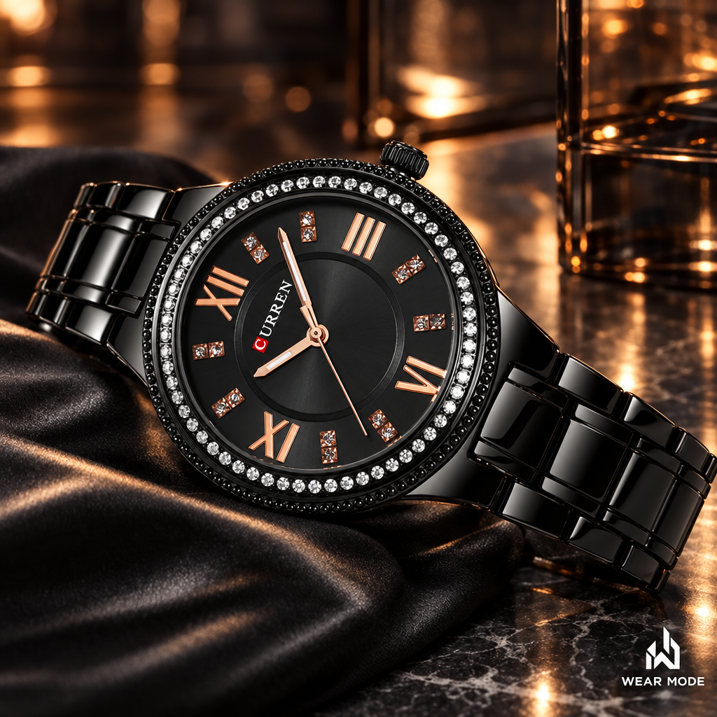 Reloj Curren negro en escenario editorial Wear Mode