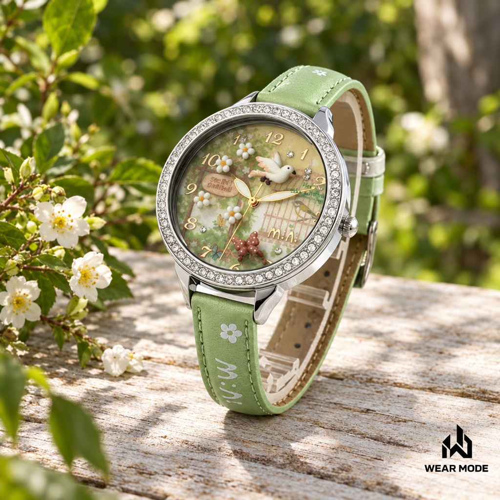 Reloj M:N: verde en escenario de jardín con logo Wear Mode