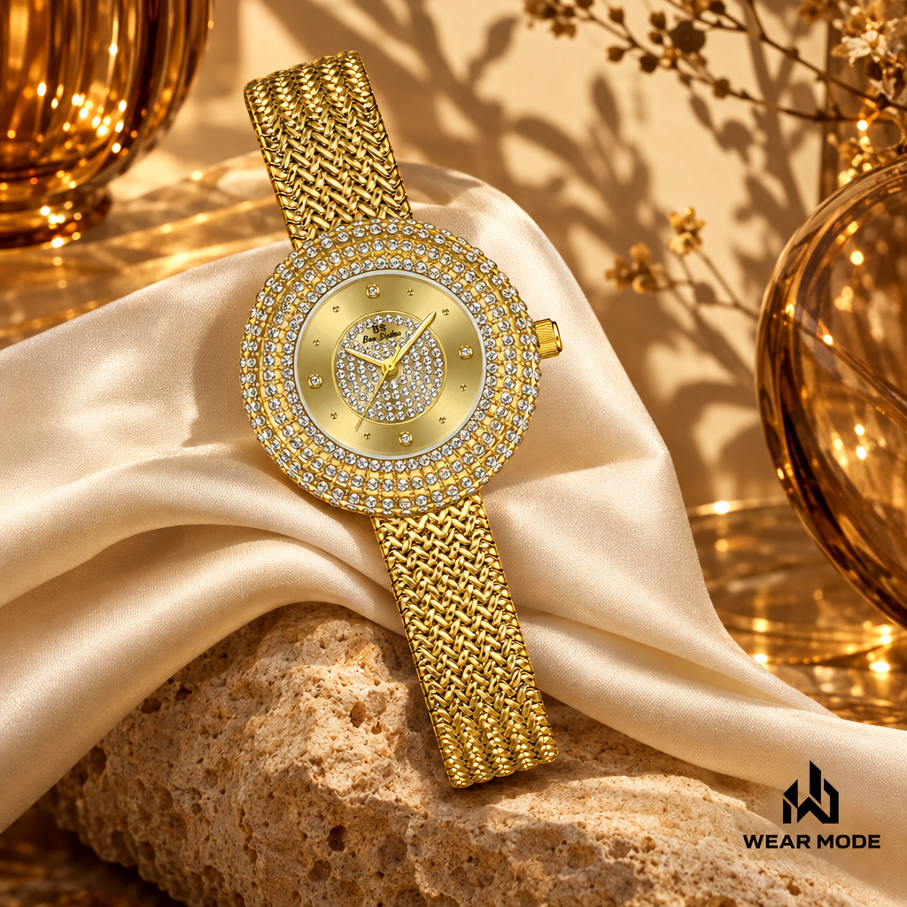 Reloj Gold sobre seda clara y piedra en escenario Wear Mode