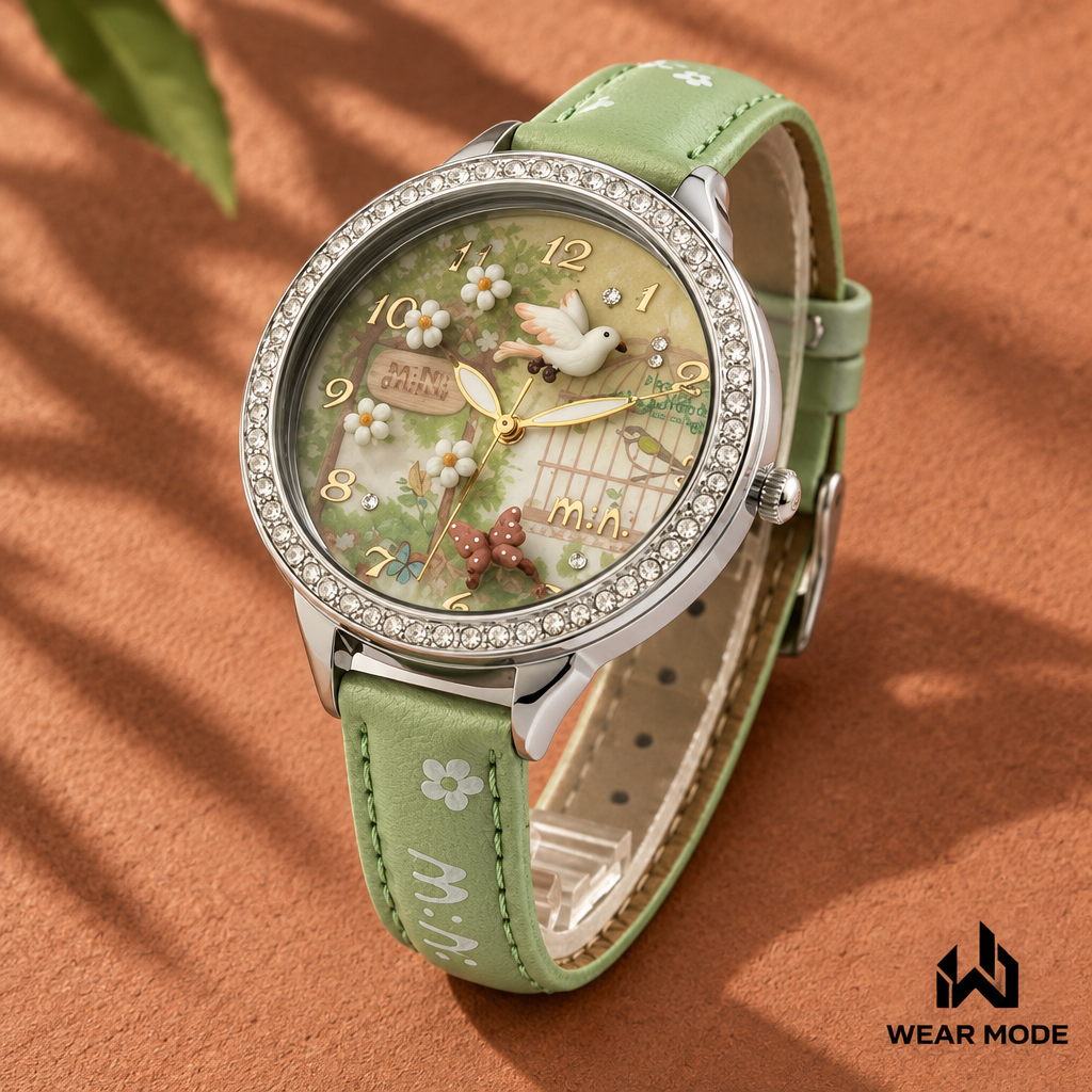 Detalle de carátula del reloj M:N: sobre terracota con logo Wear Mode