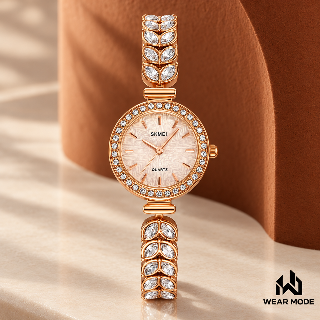 Detalle del reloj SKMEI oro rosa con cerámica y terracota
