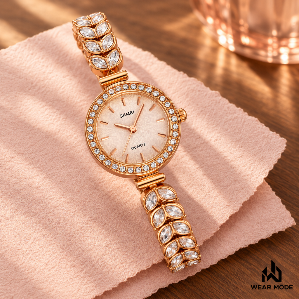 Reloj SKMEI oro rosa sobre papel rosado y madera con logo Wear Mode