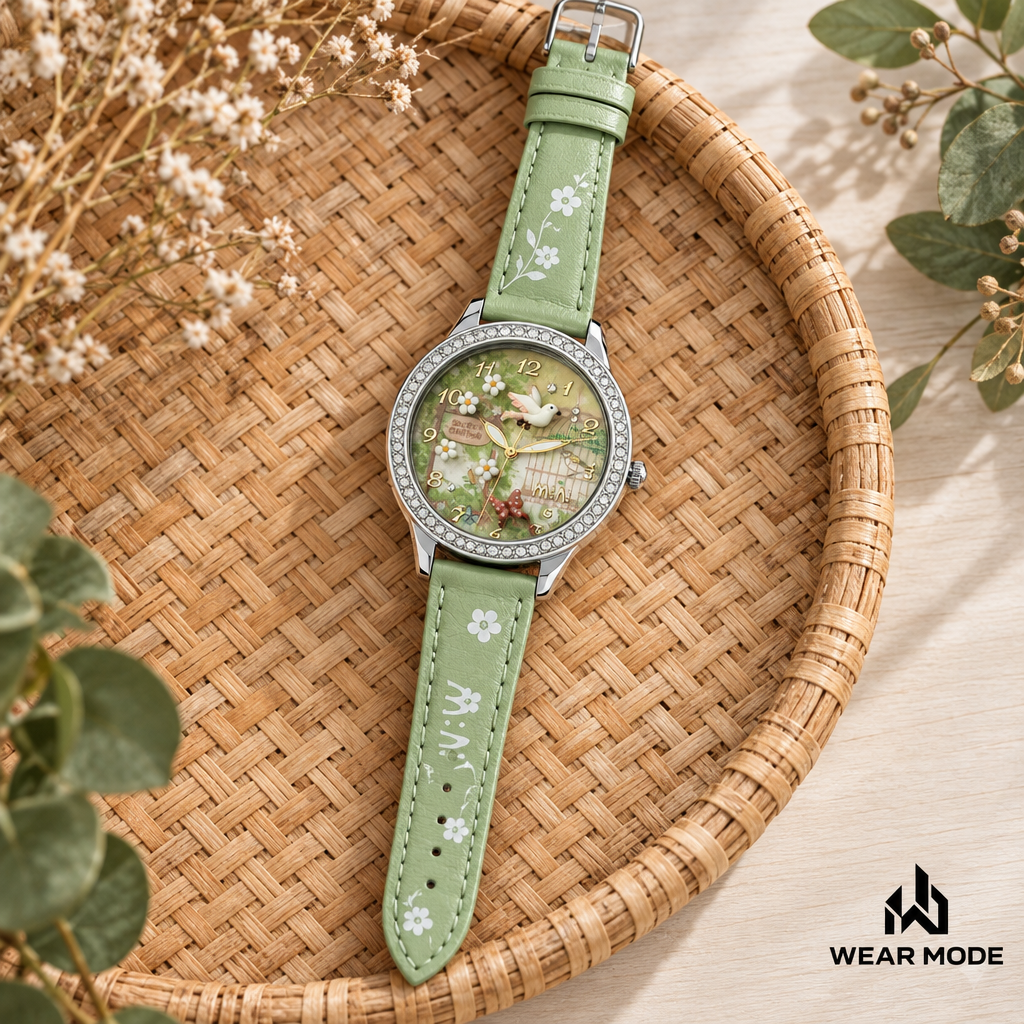 Reloj M:N: verde sobre ratán natural con logo Wear Mode