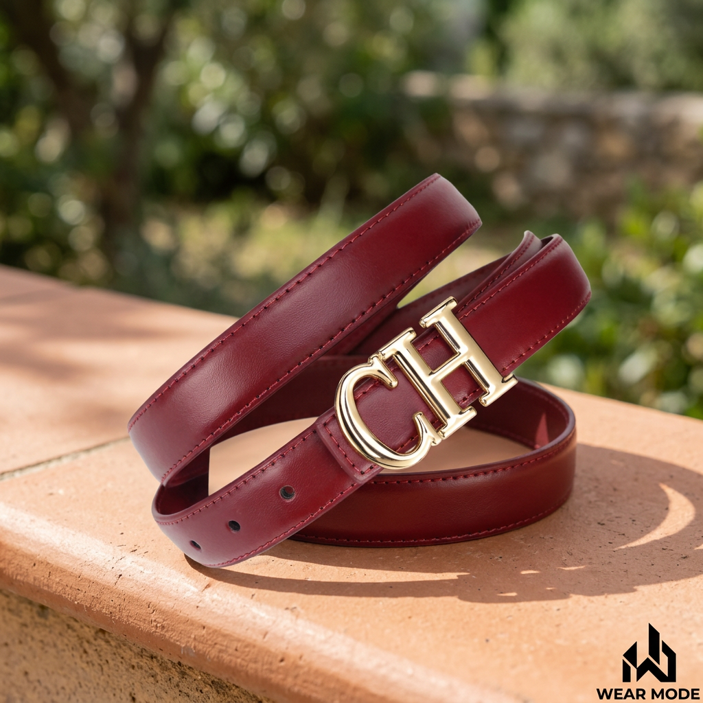 Cinturón rojo con hebilla decorativa y firma Wear Mode