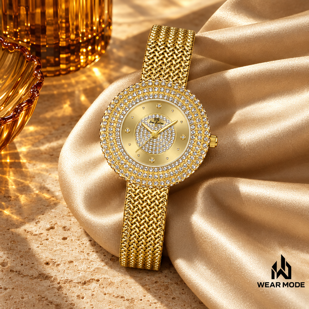 Reloj Gold de brazalete trenzado sobre satén champaña con logo Wear Mode