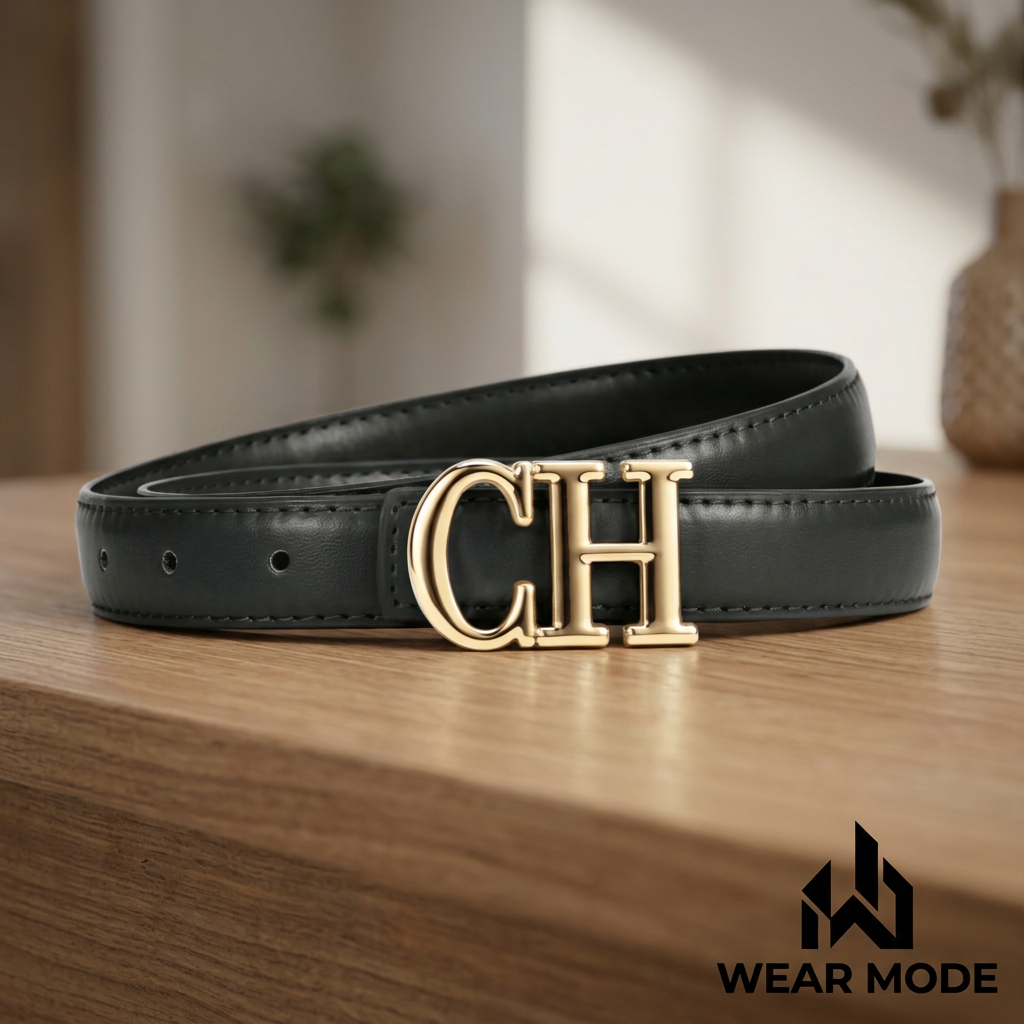 Cinturón negro con hebilla decorativa y firma Wear Mode