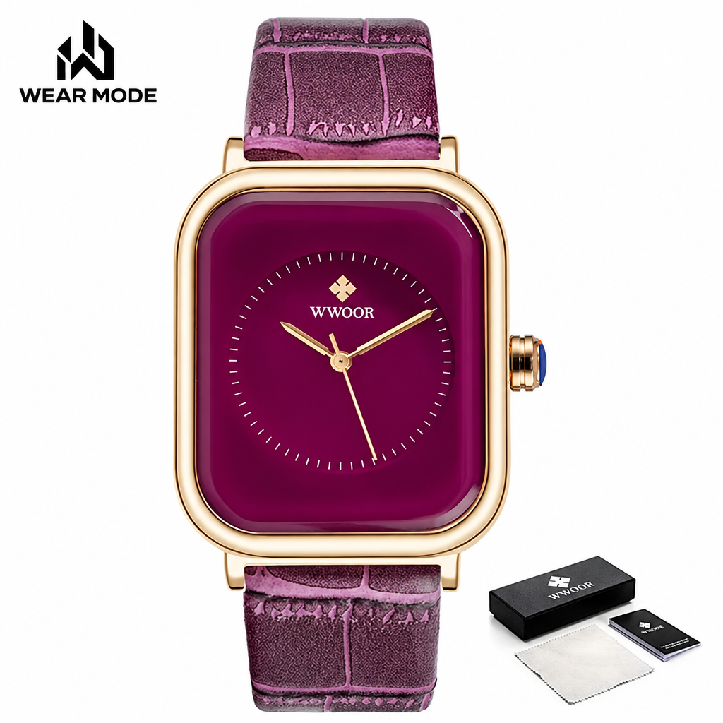 Reloj WWOOR morado con caja y logo Wear Mode