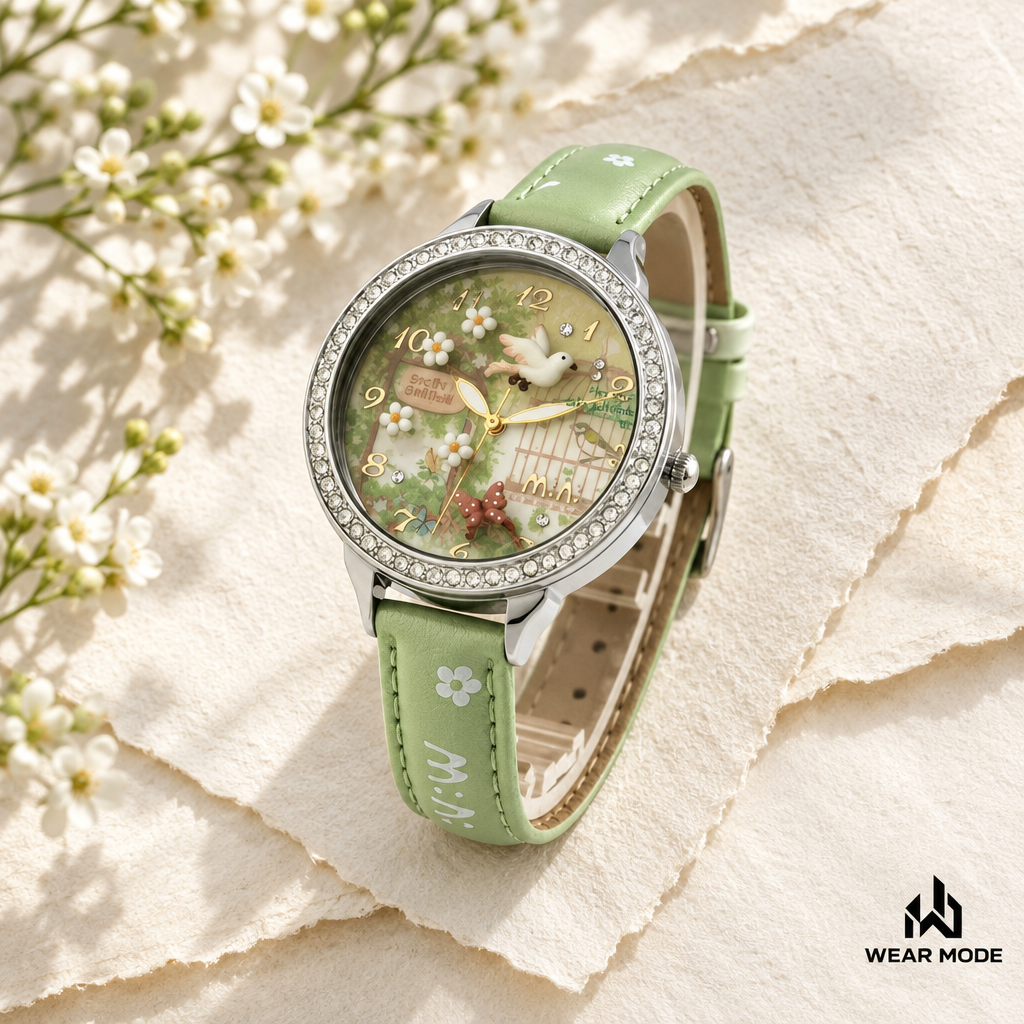 Reloj M:N: verde sobre papel texturizado con flores al fondo y logo Wear Mode