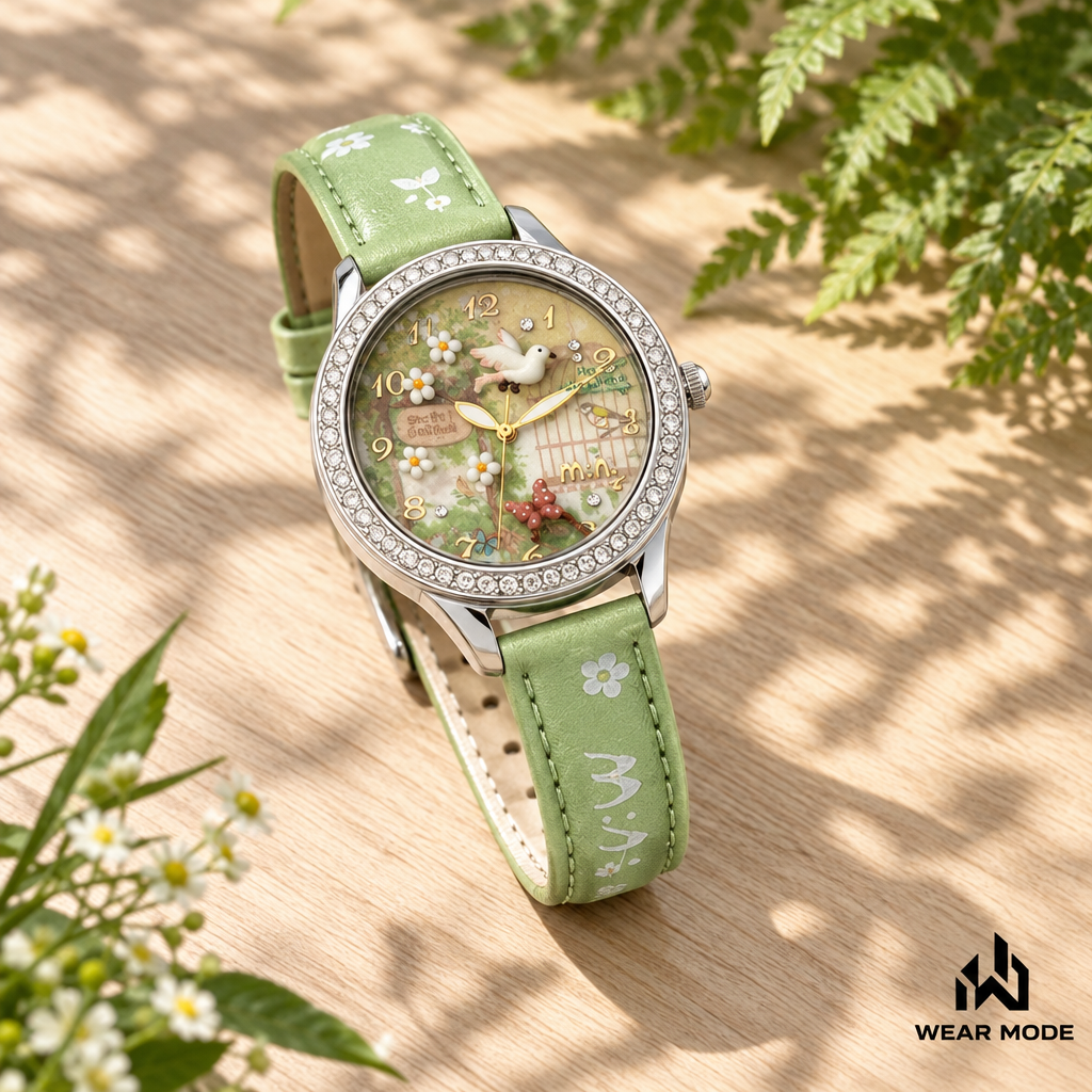 Reloj M:N: verde sobre madera clara con sombras de hojas y logo Wear Mode