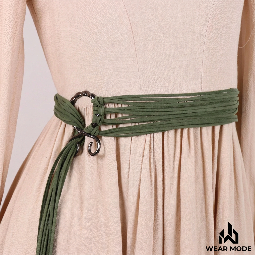 Cinturón bohemio verde sobre vestido